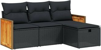 vidaXL Juego De Sof&aacute;s Jard&iacute;n 4 Pzas Con Cojines Rat&aacute;n Sint&eacute;tico Negro Vidaxl