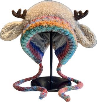 Generic Cute Christmas Antler Beanie Hat Festive Christmas Antler Hat and Handbag 2-in-1 Animal Ear Knitted Hooded Hats Windproof Xmas Warm Knitted Cap Reinde