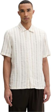 Marc O'Polo Korte Mouw Gestreept Linnen Blend Shirt - Heren - Korte mouwen Overhemden - Wit - 2XL - Linnen - Overhemden