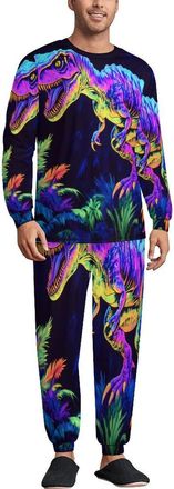 Generic Blacklight Dinosaur Mens Pajamas 2 Piece Set Crew Neck Long Sleeve Sleepwear Loungewear Top And Bottom 3XL