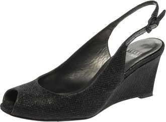 Stuart Weitzman Black Glitter Fabric Slingback Wedge Sandals