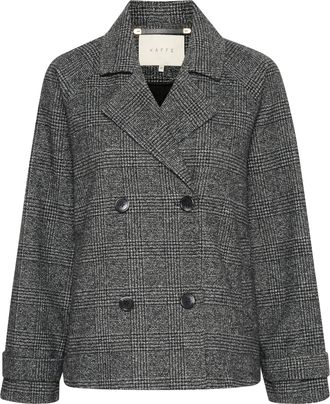 Kaffe Womens Short Coat Double-Breasted Notch Lapel Regular Fit Long Sleeves Outerwear, Black/Grey Check, 16