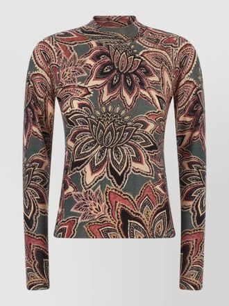Farm Rio wool fine-knit floral-print mock-neck long-sleeve top