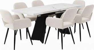 Urban Meuble Mesa de comedor extensible con efecto m&aacute;rmol blanco y 6 sillas beige