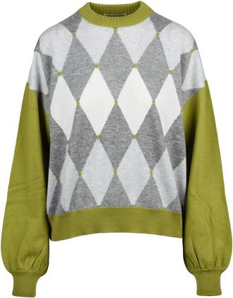 Ballantyne Crewneck Sweater with Bold Argyle Pattern and Puff Sleeves
