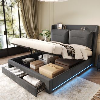 Matteo Luxurious Upholstered Double Bed with Hydraulic Storage Drawers in Black