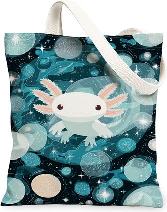 Generic Fanciful Axolotl Canvas Tote Bags, Cosmic Galaxy Pattern Reusable Grocery Bags, Lightweight Washable Shoulder Strap Canvas, Blue, 13x15 Inch