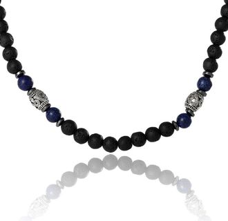 Lucky Brand Mens Lava Rock & Lapis Beaded Necklace, Silver-Tone Barrel Accents, 22 in Black at Nordstrom