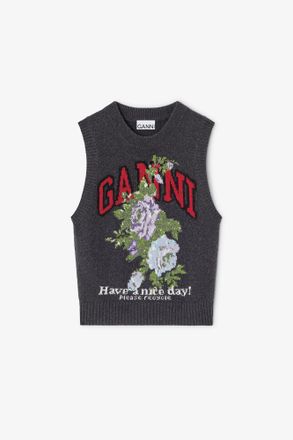 Ganni Mixed Dark Grey Rose Wool Vest - Size XXS