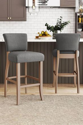 Living and Home Set of 2 Linen Upholstered Bar Stool Kitchen Island High Chairs Pub Cafe Counter Seat with Footrest in Grey