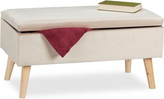 Relaxdays Relaxdays - Ba&uacute;l Almacenamiento, Funda Terciopelo, 40 L, Acolchado, Patas Madera, Asiento Almacenaje, 41x80x40 Cm, Crema