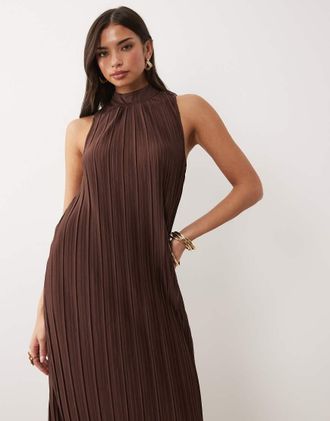 Vila Vestito lungo pliss&eacute; accollato marrone cioccolato