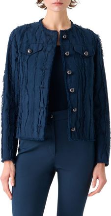 Akris Fringe Jacquard Jacket in Dark Blue at Nordstrom, Size 12
