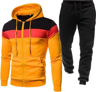 Generic Mens Tracksuit Set Mens 2 Piece Tracksuit Outfits Full Zip Hooded Jacket and Jogging Bottoms Plus Size Long Sleeved Pullover Sweatsuits with Pockets (