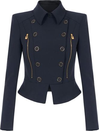 Elisabetta Franchi Colbert van dubbellaagse stretch-cr&ecirc;pestof - Dames - Jassen - Zwart - Maat: L Leer