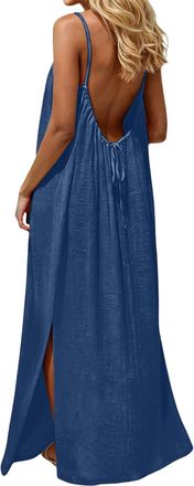 Generic Women Backless Cami Dresses Backless Sleeveless Solid Dress Cami Lounge Dresses Long Skirts with Back Tie Dress Spaghetti Strap Flowy Beach Summer Loo
