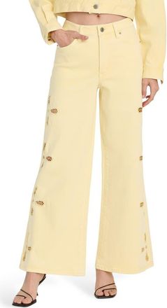 Good American Good Waist Embroidered Palazzo Jeans in Anise Yellow at Nordstrom, Size 00