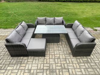 Fimous Patio Garden Dining Set Outdoor Rattan Furniture Lounge Sofa Height Adjustable Table With Big Footstool in Dark Grey