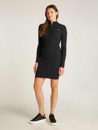 Tommy Jeans Strickkleid TOMMY JEANS TJW 1/4 ZIP SWEATER CABLE DRESS, Damen, Gr. S (36), N-Gr, schwarz, Strick, Obermaterial: 65% Baumwolle, 35% Polyamid, unifarbe