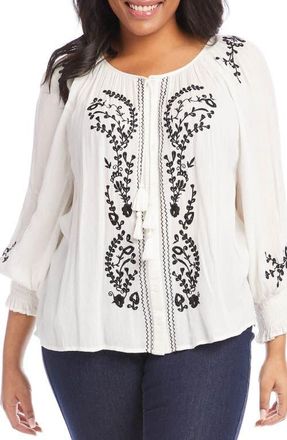 Karen Kane Embroidered Tie Neck Button-Up Peasant Top in White at Nordstrom, Size 1 X