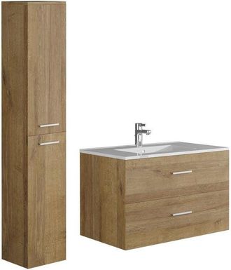 Vente-Unique Vente-unique - Mobile bagno sospeso con lavabo singolo e colonna portaoggetti 80 cm Naturale Chiaro - kayla