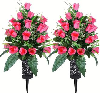 OEM Conjunto De 2 Ramos De Flores Artificiales, De Pl&aacute;stico Sedoso Resistente A Los Rayos Uv Y Al Agua, Con Jarr&oacute;n Y Estaca De 7 Cm, Ideal Para La Decorac