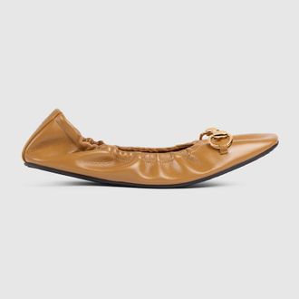 Gucci Womens Prima Ballet Flat, Brown, Leather