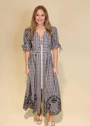 Entro Gingham Puff Sleeve Midi Dress In Black