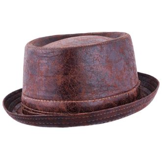 JMC New Cracked Distressed Vintage Leather Look Pork Pie HAT (55cm, Brown)