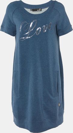 Love Moschino Blue Cotton Knit Sequin Logo Embroidered Sweater Mini Dress
