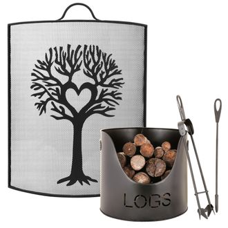 Dibor Traditional Stag Fire Screen Fireguard H68cm x W53cm with Country Logs Bucket with Poker & Tongs in Black