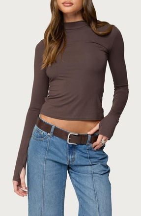 Edikted Binta Crop Long Sleeve Mock Neck Top in Brown at Nordstrom, Size X-Large