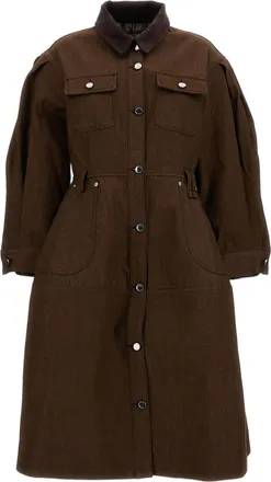 Simone Rocha Brown Utility Pocket Hip Bustle Cotton Canvas Midi Dress