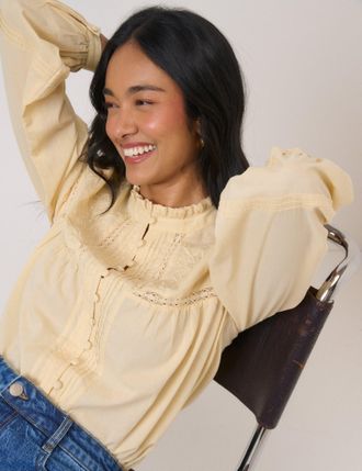 Nobody's Child Butter Yellow Floral Embroidered High Neck Blouse