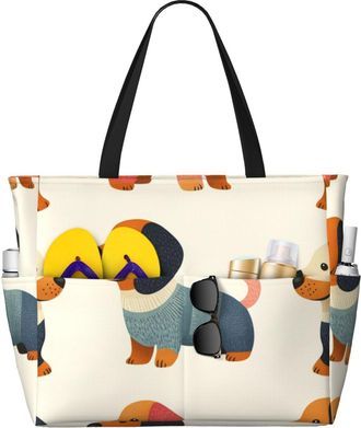 Generic Cute Dachshund Print Large Beach Bag Foldable Travel Shoulder Tote Bag With Pocket For Weekender Pool Vacation