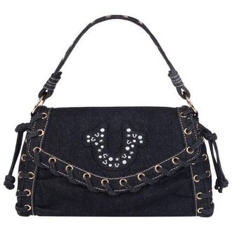 True Religion Studded Horseshoe Eyelet Denim Flap Bag in Black at Nordstrom