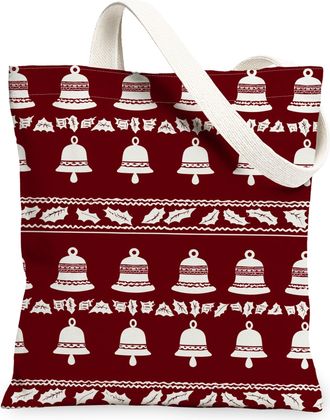 Generic Christmas Bells Canvas Tote Bags, Holiday Decor Pattern Reusable Shopping Bags, Festive Vintage Rustic Lightweight Washable, Red, 13x15 Inch