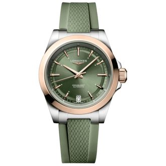 Longines Conquest Automatic Green Dial 18K Rose Gold Plated Bezel Rubber Strap Womens Watch L3.430.5.02.9
