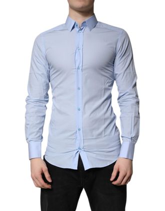 Dolce & Gabbana Light Blue Cotton GOLD Dress Formal Mens Shirt