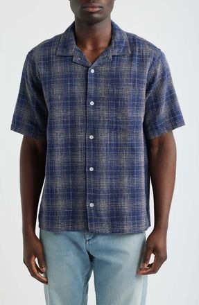 Corridor Wavy Plaid Short Sleeve Cotton & Linen Camp Shirt in Navy at Nordstrom, Size Xx-Large