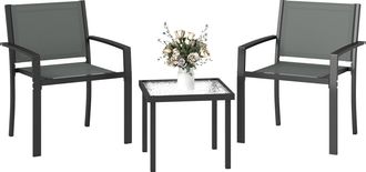 OUTSUNNY Conjunto De Mesa Y Sillas De Terraza Exterior 3 Piezas, Muebles De Jard&iacute;n Con 2 Sillas De Textilene, Mesa De Vidrio Templado, Gris Claro