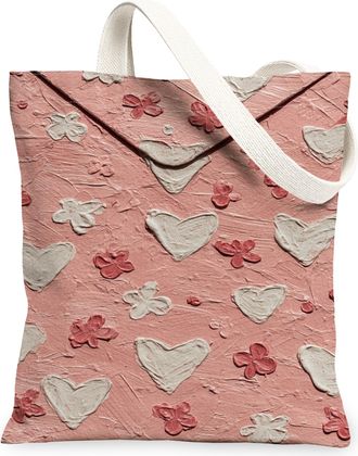 Generic Heart Pattern Canvas Tote Bags, Floral Design Reusable Grocery Bags, Romantic Vintage Lightweight Washable Shoulder Strap C, Peach, 13x15 Inch