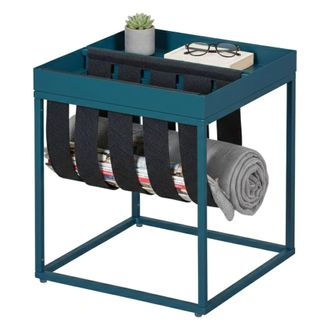 Dmora Dmora Table Basse En M&eacute;tal Peint Bleu, Avec Porte-revues En Laine Bouillie, 35x35x40 Cm