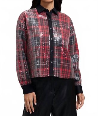 Foxcroft Marina Sequined Long Sleeve Short Shirt In Red Multi