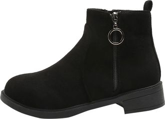 Generic Winter British Classic Suede Ankle Boots with Metal Round Buckle and Side Zipper for Women Timeless Versatile Mid Heel Design (Black, 6. 5)