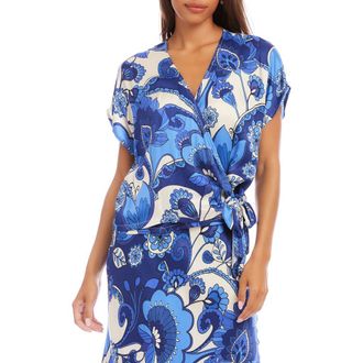Karen Kane Blouson Side Tie Satin Wrap Top in Blue Print at Nordstrom, Size X-Small