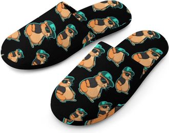 Generic Capybara With Baseball Hat Flannel Mens Slip-on Slippers Winter Warm House Shoes with Rubber Sole for Home Hotel