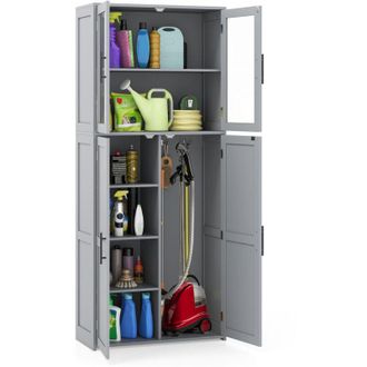 Costway Broom Closet Storage Cabinet Wooden Utility Organizer w/Doors-Grey