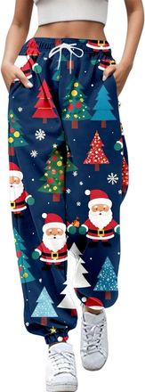 Generic Christmas Joggers for Women UK Funny Graphic Print Holiday Sweatpants High Waist Baggy Trousers Oversized Xmas Drawstring Jogging Pants Ladies Gym Wal