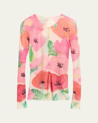 Lafayette 148 New York Floral-Print Rib Knit Cardigan